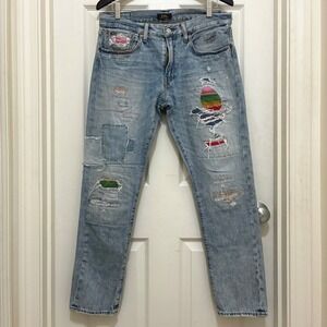 Polo Ralph Lauren Sullivan Slim Arroyo Jeans Distressed Patchwork Serape 31 x 30